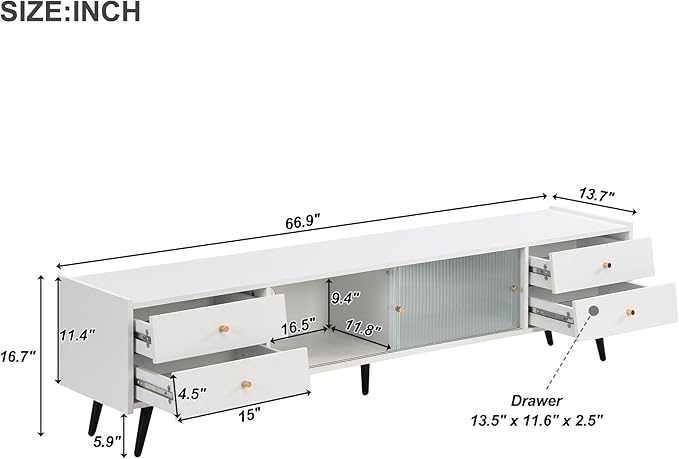 Merax Contemporary TV Stand with Sliding Fluted Glass Doors and Golden Metal Handles, Slanted Drawers Media Console for Television Up to 70", Chic Elegant Storage Cabinet, 66.9" Length, White - LeafyLoom