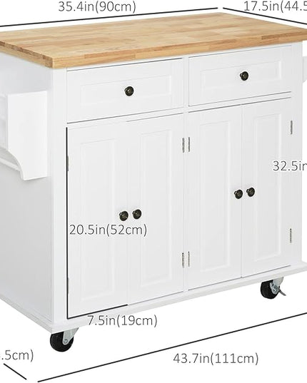 HOMCOM Kitchen Island on Wheels, Rolling Cart with Rubberwood Top, Spice Rack, Towel Rack and Drawers for Dining Room, White - LeafyLoom