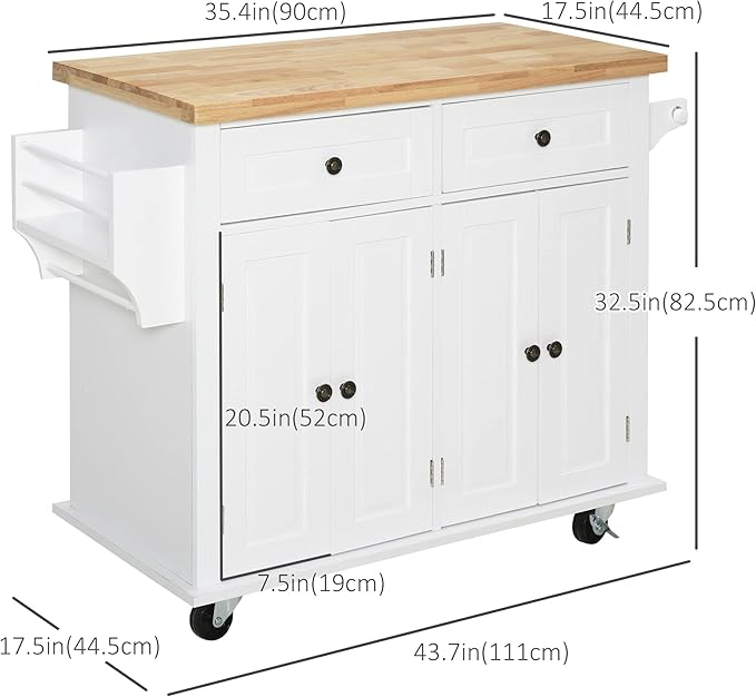 HOMCOM Kitchen Island on Wheels, Rolling Cart with Rubberwood Top, Spice Rack, Towel Rack and Drawers for Dining Room, White - LeafyLoom