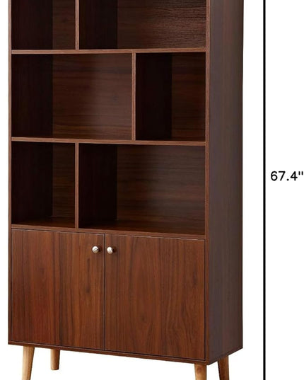 Modern Bookcase with 2 Doors, Wooden Bookshelf Library with 6 Storage Cabinet for Home Office (Walnut) - LeafyLoom