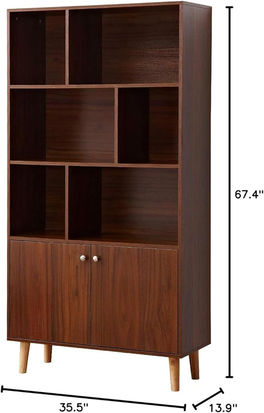 Modern Bookcase with 2 Doors, Wooden Bookshelf Library with 6 Storage Cabinet for Home Office (Walnut) - LeafyLoom