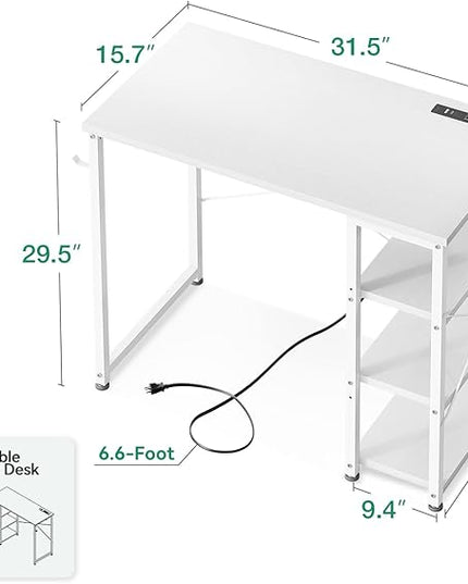 AODK Laptop Desk Small Desk, 32 Inch Computer Desk with Power Outlet and USB & Type-C Charging Port, Writing Desk with 3-Tier Reversible Storage Shelf for Home Office, 32'' x 16'', White - LeafyLoom