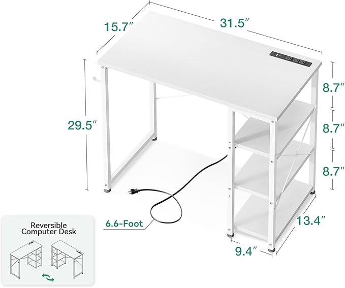 AODK Laptop Desk Small Desk, 32 Inch Computer Desk with Power Outlet and USB & Type-C Charging Port, Writing Desk with 3-Tier Reversible Storage Shelf for Home Office, 32'' x 16'', White - LeafyLoom