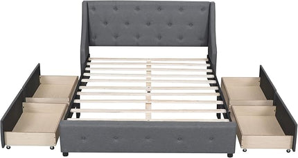 Queen Size Bed Frame with 4 Storage Drawers & Tufted Headboard Linen Upholstered Platform Bed Frame Wingback Beds with Sturdy Wooden Slats Support, Easy Assembly, Noise-Free - LeafyLoom