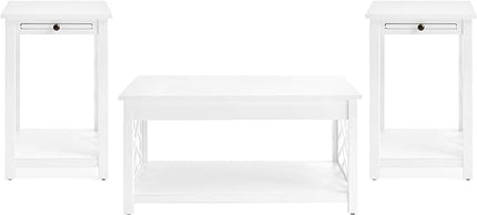 Alaterre Furniture Coventry 36" Coffee Two End Tables with Tray, Set of 3, White - LeafyLoom