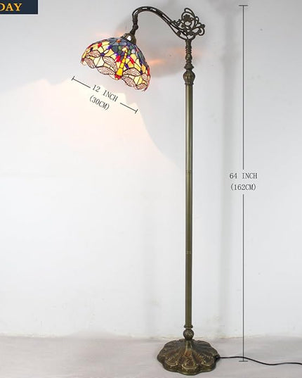 WERFACTORY Tiffany Floor Lamp Sea Blue Yellow Stained Glass Dragonfly Arch Lamp 12X18X64 Inch Gooseneck Adjustable Corner Stand Reading Light Decor Bedroom Living Room S128 Series - LeafyLoom