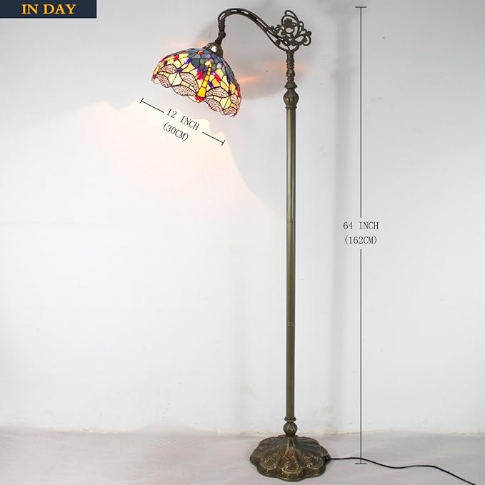 WERFACTORY Tiffany Floor Lamp Sea Blue Yellow Stained Glass Dragonfly Arch Lamp 12X18X64 Inch Gooseneck Adjustable Corner Stand Reading Light Decor Bedroom Living Room S128 Series - LeafyLoom