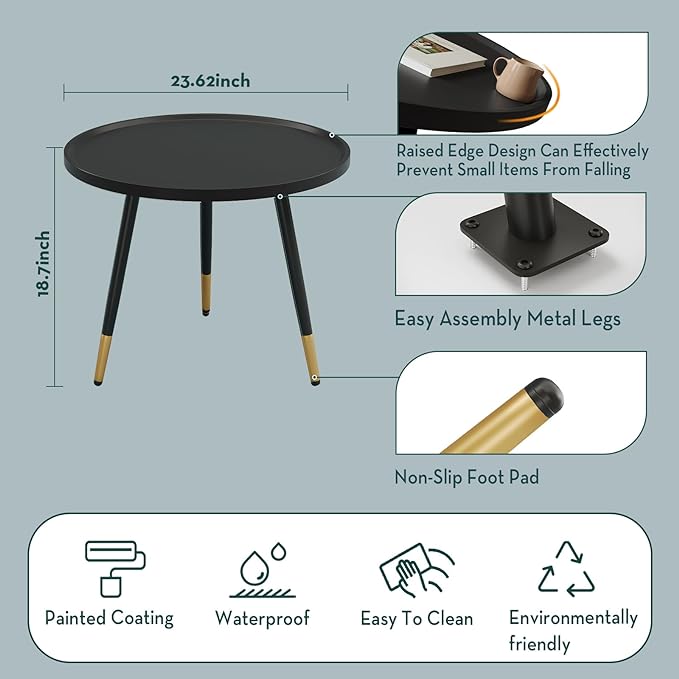 SAYGOER Black Coffee Table Round Small Coffee Tables Unique Modern Center Table for Living Room Home Office Balcony Simple Circle Accent Sofa Table Easy Assembly, Black - LeafyLoom