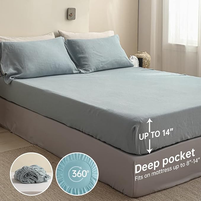 Simple&Opulence 100% Linen Sheet Set Solid Color-4 Pcs Washed French Linen Bed Sheets(1 Flat Sheet,1 Fitted Sheet,2 Pillowcases)-Breathable Bedding Set (Dusty Blue, Queen) - LeafyLoom