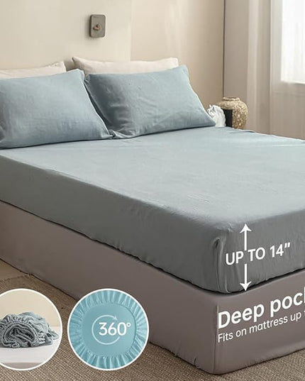 Simple&Opulence 100% Linen Sheet Set Solid Color-4 Pcs Washed French Linen Bed Sheets(1 Flat Sheet,1 Fitted Sheet,2 Pillowcases)-Breathable Bedding Set(California King, Dusty Blue) - LeafyLoom