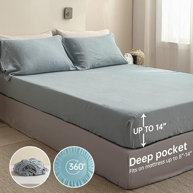Simple&Opulence 100% Linen Sheet Set Solid Color-4 Pcs Washed French Linen Bed Sheets(1 Flat Sheet,1 Fitted Sheet,2 Pillowcases)-Breathable Bedding Set(California King, Dusty Blue) - LeafyLoom