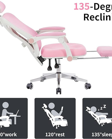 Ergonomic Office Chair with Footrest | Adjustable Lumbar Support, Reclining Desk Chair with Leg Rest, Comfortable Mesh Computer Chair for Home & Office (Pink) - LeafyLoom