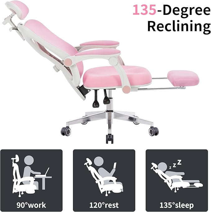 Ergonomic Office Chair with Footrest | Adjustable Lumbar Support, Reclining Desk Chair with Leg Rest, Comfortable Mesh Computer Chair for Home & Office (Pink) - LeafyLoom