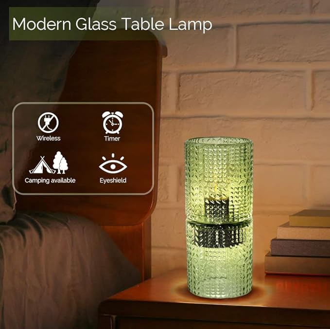 Battery Operated Lamp with Timer, Glass Cordless Lamps Beside Table Light,Small Lamp with for Home Decorative Living Corner Bedroom - LeafyLoom