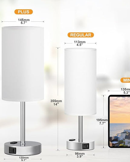 Touch Bedside Lamp - White, 3-Way Dimmable, USB A + C Charging, AC Outlet, 17.4inch Medium - LeafyLoom