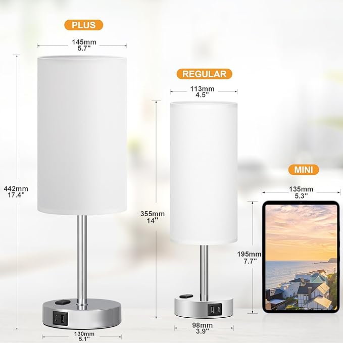 Touch Bedside Lamp - White, 3-Way Dimmable, USB A + C Charging, AC Outlet, 17.4inch Medium - LeafyLoom