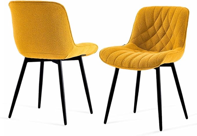 YOUNUOKE Comfortable Dining Chairs Set of 2, Mid-Century Modern Kitchen Dining Room Chairs, Upholstered Backrest Boucle Dining Chair with Black Metal, Yellow - LeafyLoom