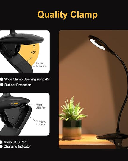 Clip on Light for Bed & Desk, Reading in Bed, Dorm, Battery Operated Rechargeable Clamp Lamp for Headboard, Eye-Caring LED Light with 3 Brightness Modes & Flexible Gooseneck (Black) - LeafyLoom