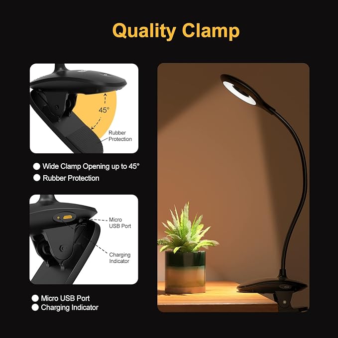Clip on Light for Bed & Desk, Reading in Bed, Dorm, Battery Operated Rechargeable Clamp Lamp for Headboard, Eye-Caring LED Light with 3 Brightness Modes & Flexible Gooseneck (Black) - LeafyLoom