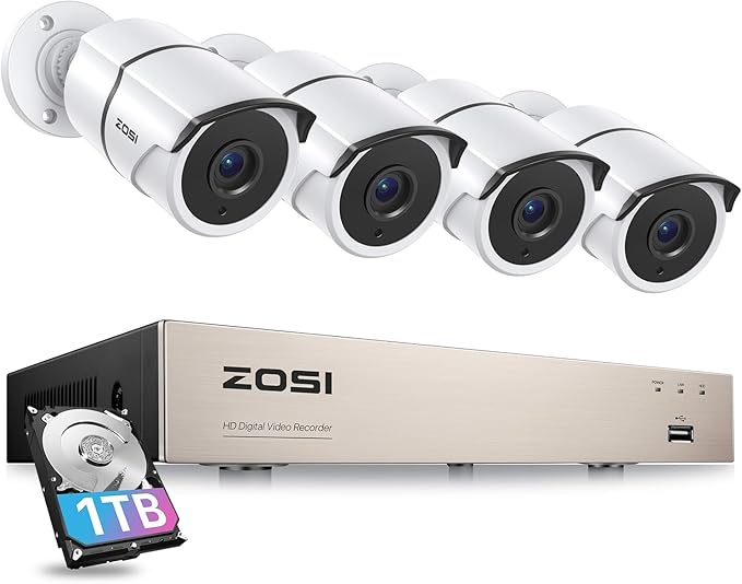 ZOSI 8CH 3K Lite Home Security Camera System Outdoor,AI Human/Vehicle Detection,Night Vision,4pcs 1080P Metal Weatherproof Cameras with 1-Way Audio,H.265+ 8Channel DVR with 1TB HDD for 24/7 Recording ZOSI