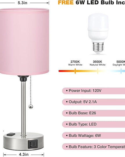 Dicoool Pink Bedroom Lamp for Bedside - 3 Color Temperatures Desk Lamp with USB C and A Ports, Pull Chain Table Lamp with AC Outlet, Nightstand Lamp with Silver Metal Base for Kids Girls - LeafyLoom