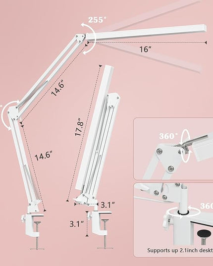 LED Desk Lamp, Manicure Table Lamp, 16" Lamp Head, Dimmable Eye-Caring Drafting Light with 3 Color Modes, 10 Brightness Levels & Adapter, Memory Function(White) - LeafyLoom