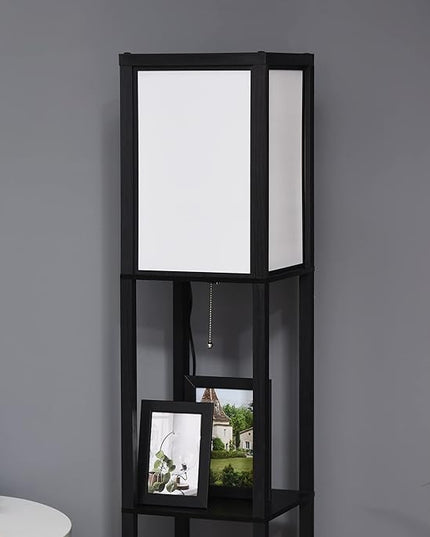 HOMCOM Modern Floor Lamp with Shelves & Dual Ambient Lighting, Tall Standing Lamp for Living Room, Bedroom with Fabric Lampshade (Bulb not Included), Black - LeafyLoom