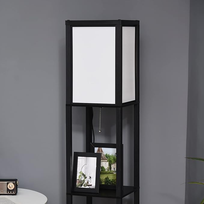 HOMCOM Modern Floor Lamp with Shelves & Dual Ambient Lighting, Tall Standing Lamp for Living Room, Bedroom with Fabric Lampshade (Bulb not Included), Black - LeafyLoom