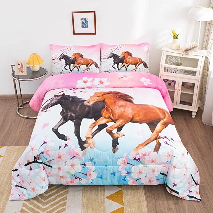 Feelyou Kids Horse Comforter Set for Girls King Size Chic Cherry Blossom Bedding Set for Horse Lover Gift Galloping Horse Printed Comforter 3D Wild Animal Duvet Set Bedroom Decor Quilt Set 3Pcs - LeafyLoom