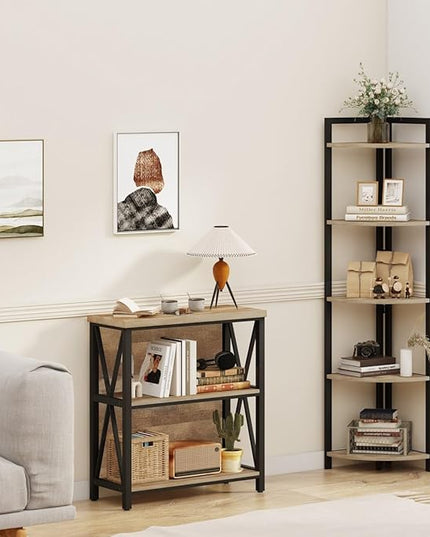 FATORRI Small Bookcase, Wood and Metal Low Short Bookshelf, Industrial Book Case and Rustic Book Shelf for Small Space (Rustic Oak) - LeafyLoom