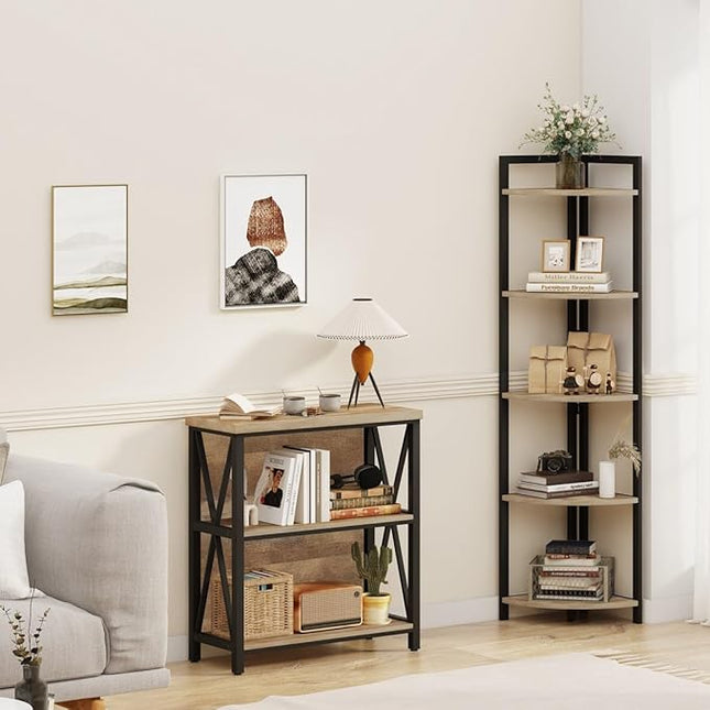 FATORRI Small Bookcase, Wood and Metal Low Short Bookshelf, Industrial Book Case and Rustic Book Shelf for Small Space (Rustic Oak) - LeafyLoom
