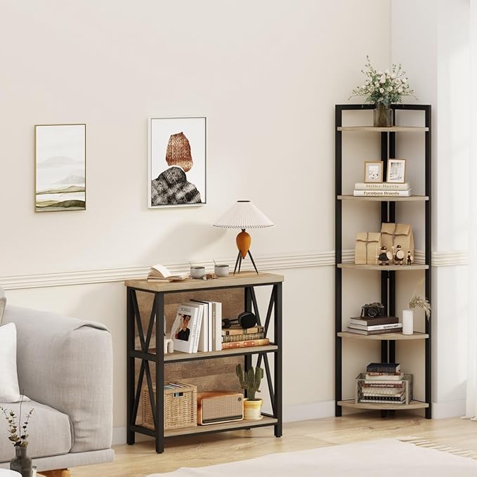 FATORRI Small Bookcase, Wood and Metal Low Short Bookshelf, Industrial Book Case and Rustic Book Shelf for Small Space (Rustic Oak) - LeafyLoom