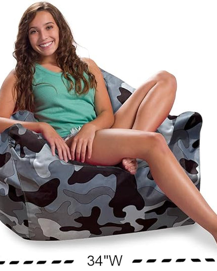 Posh Creations Structured Comfy Bean Bag Chair for Gaming, Reading and Watching TV, Malibu Lounge, Nylon - Camo Gray and White - LeafyLoom