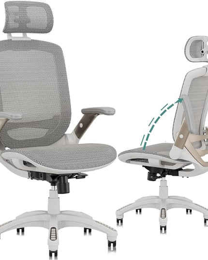 GABRYLLY Ergonomic Office Chair, High Back Home Desk Chair with Headrest, Flip-Up Arms, 90-120° Tilt Lock and Wide Cushion, Big and Tall Mesh Chairs for Man Woman, White Task Chair - LeafyLoom