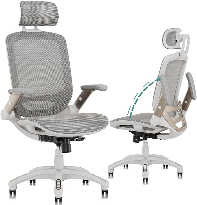 GABRYLLY Ergonomic Office Chair, High Back Home Desk Chair with Headrest, Flip-Up Arms, 90-120° Tilt Lock and Wide Cushion, Big and Tall Mesh Chairs for Man Woman, White Task Chair - LeafyLoom