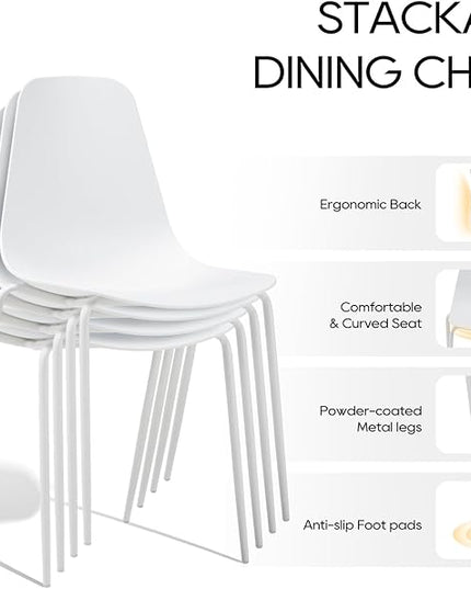 COLAMY Stackable Dining Chairs Set of 4, Indoor Outdoor Dining Room Side Chairs with Metal Legs, Modern Plastic Patio Chairs for Home/Kitchen/Office/Resturant/Bistro/Cafe, White - LeafyLoom