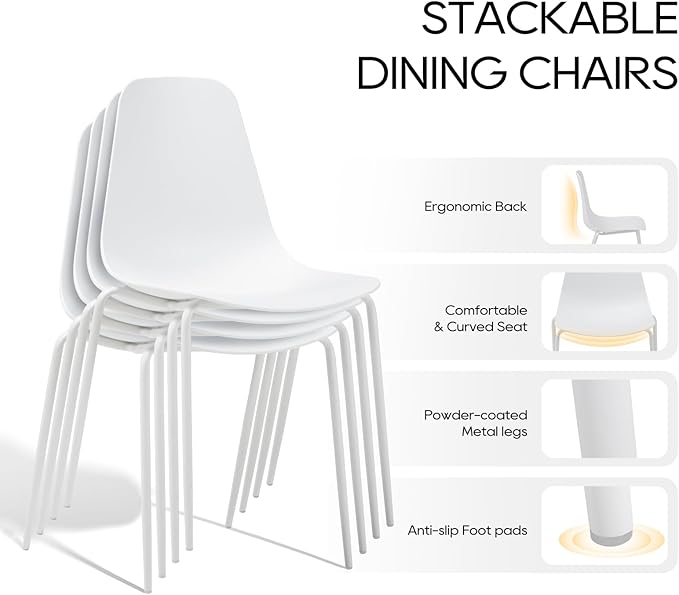 COLAMY Stackable Dining Chairs Set of 4, Indoor Outdoor Dining Room Side Chairs with Metal Legs, Modern Plastic Patio Chairs for Home/Kitchen/Office/Resturant/Bistro/Cafe, White - LeafyLoom
