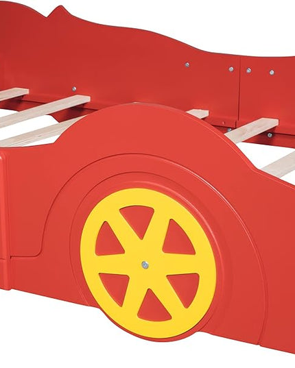 Car Shaped Toddler Bed with Wheels,Racecar Platform Beds W/Safety Guardrail,Slats Support,Stylish Design,Easy Assembly,Wood Full Bedframe for Boys Toddlers Kids Teens Bedroom,Red - LeafyLoom