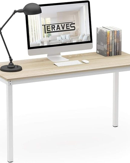 Teraves Computer desk/Dining Table Office Desk Sturdy Writing Workstation for Home Office (39.37“, Beige + White Frame) - LeafyLoom