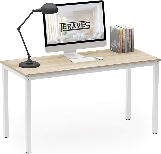 Teraves Computer desk/Dining Table Office Desk Sturdy Writing Workstation for Home Office (39.37“, Beige + White Frame) - LeafyLoom