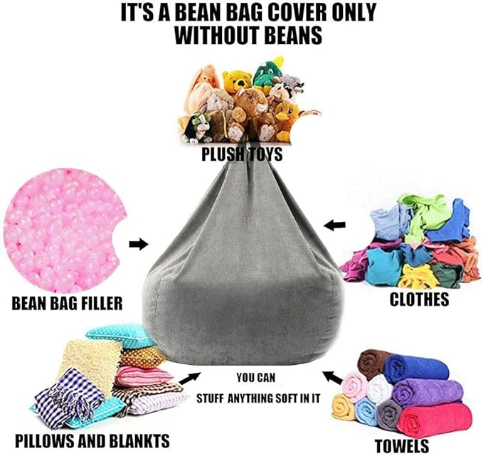 Stuffed Animal Storage Bean Bag Chair Cover (No Filler) Washable Ultra Soft Corduroy Bean Bag Cover for Organizing Plush Toys or Textile, Sack Bean Bag for Adults, Teens - LeafyLoom