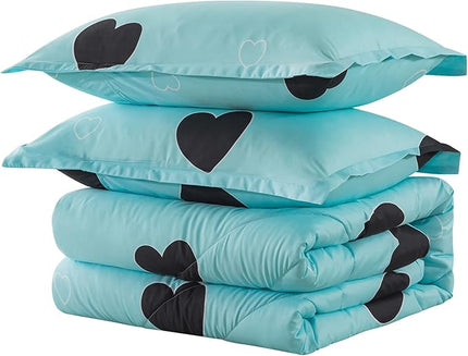 Love Pattern Girls Comforter Set King Size, Sky Blue Cute Love Heart Print Comforter Bedding Set for All Seasons, Geometric Soft Microfiber 3 Pieces Comforter Set with Pillowcases - LeafyLoom