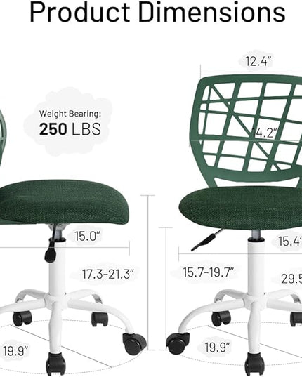 Kids Desk Chair, Fabric Office Chair Armless Small Mid Back Swivel Children Computer Task Chair Ergonomic Height Adjustable Study Chairs with Swivel Padded Cushion and Rolling Wheels, Dark Green - LeafyLoom