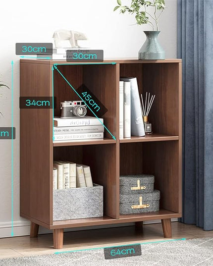 IOTXY Freestanding Open Cubes Bookcase - 2-Tier Floor Standing Wooden Storage Display Cabinet Organizer with Legs for Home Office, 4-Cubes Open Shelf Low Short Bookshelf, Walnut - LeafyLoom