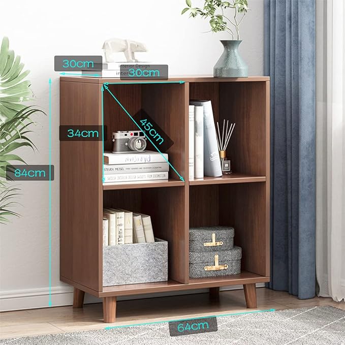 IOTXY Freestanding Open Cubes Bookcase - 2-Tier Floor Standing Wooden Storage Display Cabinet Organizer with Legs for Home Office, 4-Cubes Open Shelf Low Short Bookshelf, Walnut - LeafyLoom