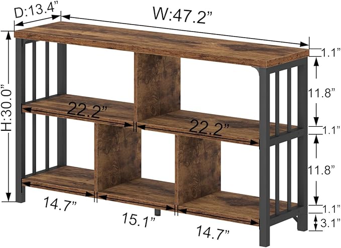IBF Farmhouse 3 Tier Open Book Shelf, Wood and Metal 5 Cube Storage Organizer, Modern Low Horizontal Bookshelf for Bedroom Living, Long Wide Office Cubby Bookcase with Storage, Rustic Brown, 47 Inch - LeafyLoom