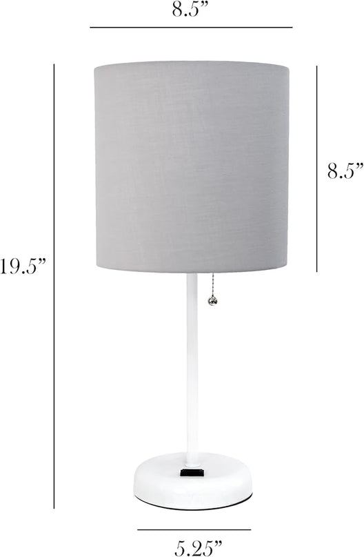 Simple Designs LT1144-GOW Sleek and Slender White Table Lamp with Charging Outlet for Bedroom, Living Room, Entryway, Office, Dining Room, Study, Gray Shade - LeafyLoom