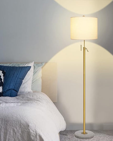 Modern Floor Lamp for Living Room, Adjustable Height Standing Lamp with Marble Base, 3-Way Dimmable Gold Brass Tall Pole Light with White Linen Shade for Reading, Bedroom, Chain Switch, Bulb Included - LeafyLoom