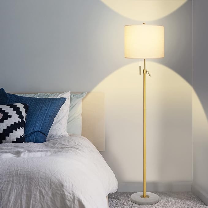 Modern Floor Lamp for Living Room, Adjustable Height Standing Lamp with Marble Base, 3-Way Dimmable Gold Brass Tall Pole Light with White Linen Shade for Reading, Bedroom, Chain Switch, Bulb Included - LeafyLoom