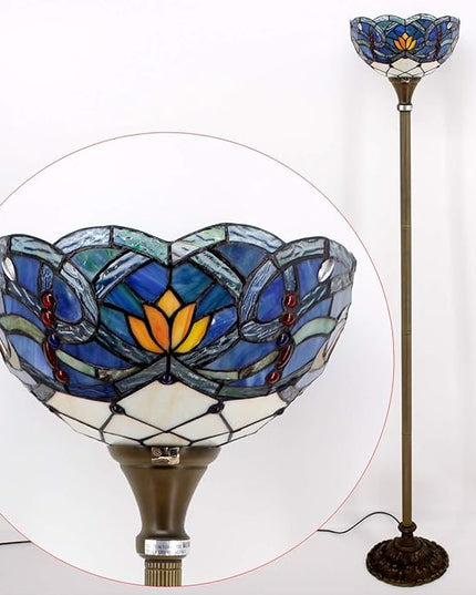WERFACTORY Tiffany Floor Lamp Blue Lotus Flower Stained Glass Light 12X12X66 Inches Pole Torchiere Standing Corner Torch Uplight Decor Bedroom Living Room Home Office S220 Series - LeafyLoom